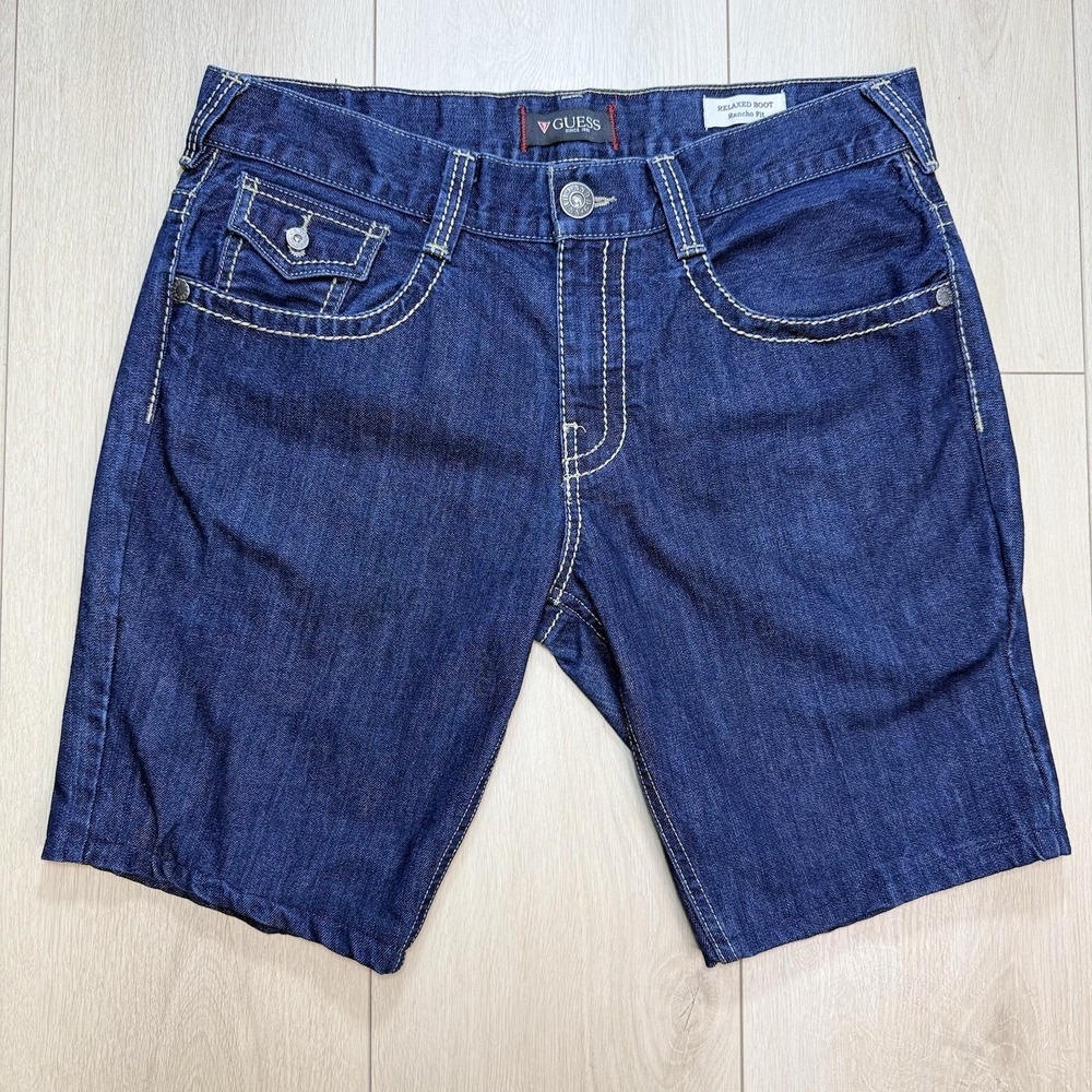 Guess Denim Shorts Mens 36 Blue Relaxed Boot Rancho Fit Y2K Cutoff Jean Shorts